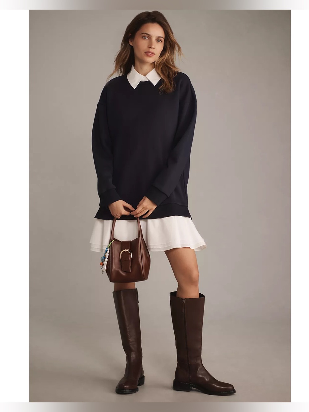 English Factory Long Sleeve Collared Twofer Ruffle Hem Sweatshirt Mini Dress
